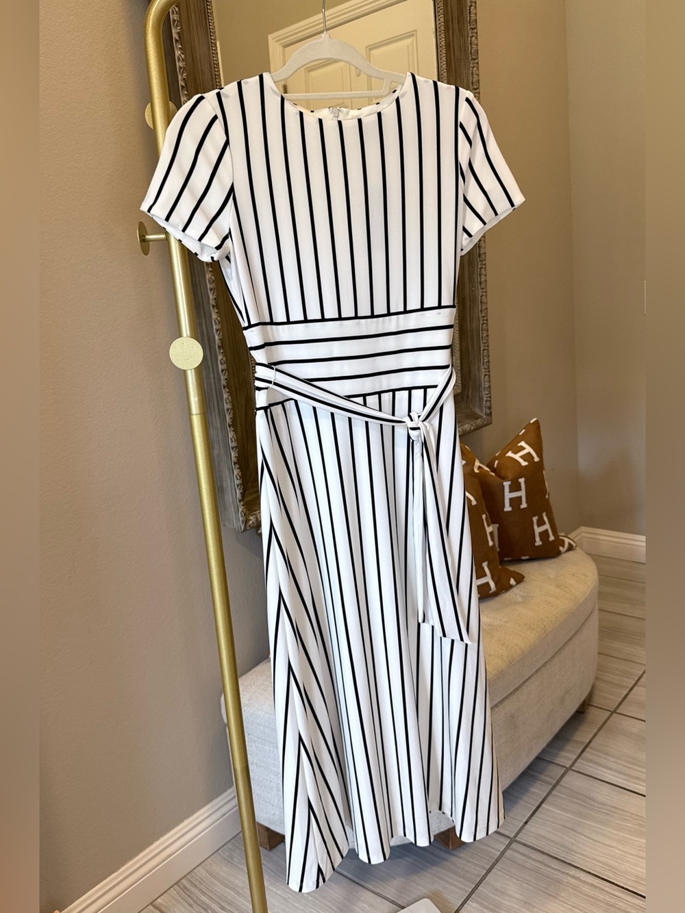Ralph Lauren White Midi Dress with Black Stripes and Waist Tie Size 2